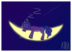 Size: 4965x3600 | Tagged: safe, artist:a1ra, imported from derpibooru, izzy moonbow, pony, unicorn, female, g5, mare, moon, night, night sky, onomatopoeia, sky, sleeping, sleeping on moon, solo, sound effects, stars, tangible heavenly object, zzz