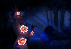 Size: 2600x1800 | Tagged: safe, artist:anastas, imported from derpibooru, oc, oc:angerona, anthro, unicorn, anthro oc, blouse, bush, clothes, collarbone, commission, detailed background, erotica, eyes closed, feather, flower, flower in hair, flute, forest, glowing, glowing flowers, hanahaki disease, hand, moonlight, musical instrument, night, no pony, oda 997, outfit, path, solo, tail, tree