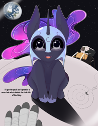 Size: 2500x3200 | Tagged: safe, artist:chapaevv, imported from derpibooru, nightmare moon, human, pony, astronaut, cute, dialogue, earth, ethereal mane, eye reflection, female, galaxy mane, helmet, human pov, looking at you, luna and the nauts, lunar lander, misspelling, moon, moonabetes, offscreen character, open mouth, open smile, patreon, patreon reward, pov, reflection, smiling, smiling at you, solo, space, spaceship, spacesuit, text