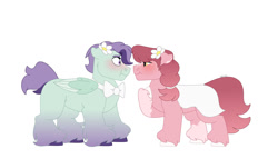 Size: 1280x732 | Tagged: safe, artist:itstechtock, imported from derpibooru, oc, oc only, oc:mistflower, oc:morning glory, earth pony, pegasus, pony, bowtie, clothes, colt, female, filly, foal, magical lesbian spawn, male, offspring, parent:ivy vine, parent:lily valley, parent:november rain, parent:roseluck, simple background, skirt, white background