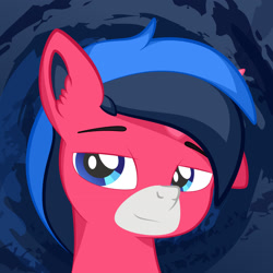 Size: 1920x1922 | Tagged: safe, artist:alexdti, imported from derpibooru, oc, oc only, pony, unicorn, abstract background, bust, ear fluff, horn, lidded eyes, male, portrait, solo, stallion, two toned mane, unicorn oc