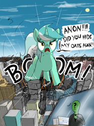 Size: 1858x2480 | Tagged: safe, artist:qkersnll, imported from derpibooru, lyra heartstrings, oc, oc:anon, human, pony, unicorn, city, destruction, dialogue, female, food, giant pony, giantess, macro, oats, that pony sure does love oats