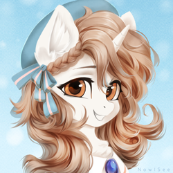 Size: 2000x2000 | Tagged: safe, artist:inowiseei, imported from derpibooru, oc, oc only, pony, unicorn, blue background, bonnet, bust, chest fluff, clothes, commission, ear fluff, female, hat, horn, looking at you, mare, portrait, simple background, smiling, smiling at you, solo, unicorn oc