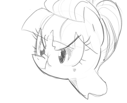 Size: 956x782 | Tagged: dead source, safe, artist:tess, imported from derpibooru, aunt orange, earth pony, pony, eye clipping through hair, female, frown, glare, grumpy, monochrome, nose wrinkle, scrunchy face, simple background, solo, white background