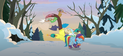 Size: 1920x882 | Tagged: safe, imported from derpibooru, screencap, discord, rainbow dash, draconequus, pegasus, pony, best gift ever, beanie, clothes, duo, duo male and female, eyes closed, female, frown, hat, male, mare, not what it looks like, out of context, snow, winter coat, winter outfit