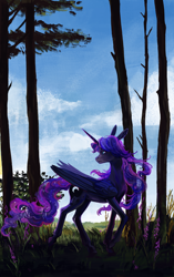 Size: 2000x3185 | Tagged: safe, artist:weird--fish, imported from derpibooru, princess luna, alicorn, pony, beautiful, cloud, concave belly, female, folded wings, frown, grass, large wings, lidded eyes, long mane, long tail, looking back, mare, missing accessory, nature, outdoors, raised hoof, slim, solo, sternocleidomastoid, tail, thin, tree, wings