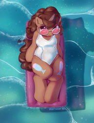 Size: 1085x1413 | Tagged: safe, artist:drafthoof, imported from derpibooru, oc, oc:buttercup shake, semi-anthro, unicorn, beach, clothes, female, looking at you, lying down, on back, solo, sunglasses, swimsuit, wet