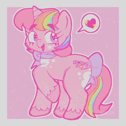 Size: 800x800 | Tagged: safe, artist:cosmiccrayons, artist:cosmiiccrayons, imported from derpibooru, oc, oc only, oc:cosmic crayons, pony, unicorn, female, heart, horn, kidcore, looking at you, mare, open mouth, raised hoof, simple background, solo, speech bubble, unicorn oc, white background