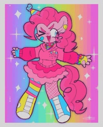 Size: 1249x1547 | Tagged: safe, artist:cosmiccrayons, artist:cosmiiccrayons, imported from derpibooru, pinkie pie, anthro, earth pony, bandaid, blush sticker, blushing, bracelet, clothes, converse, cutie mark on clothes, eye clipping through hair, eyes closed, female, hat, jewelry, kidcore, mare, necklace, one eye closed, open mouth, party hat, rainbow, shoes, simple background, solo, sparkles, white background, wink