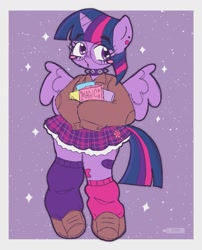 Size: 1249x1547 | Tagged: safe, artist:cosmiccrayons, artist:cosmiiccrayons, imported from derpibooru, twilight sparkle, alicorn, anthro, blush sticker, blushing, book, clothes, cutie mark on clothes, ear piercing, female, glasses, horn, kidcore, looking at you, magic, mare, piercing, simple background, skirt, solo, sparkles, spread wings, twilight sparkle (alicorn), white background, wings