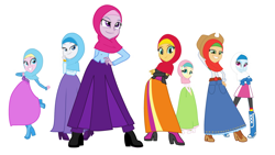 Size: 2048x1152 | Tagged: safe, artist:kazikubikuzaka, edit, imported from derpibooru, applejack, fluttershy, pinkie pie, rainbow dash, rarity, sunset shimmer, twilight sparkle, human, equestria girls, clothes, hijab, islam, long skirt, simple background, skirt, smiling, white background