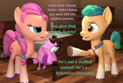 Size: 1598x1080 | Tagged: safe, artist:red4567, imported from derpibooru, hitch trailblazer, sunny starscout, dog, earth pony, pony, 3d, atg 2022, bed, blatant lies, braided ponytail, courage (character), courage the cowardly dog, crossover, duo male and female, female, g4, g5, g5 to g4, generation leap, male, mare, newbie artist training grounds, plushie, pun, source filmmaker, stallion, teasing, unshorn fetlocks, visual pun