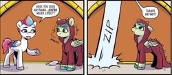 Size: 1809x797 | Tagged: safe, idw, imported from derpibooru, zipp storm, pegasus, pony, spoiler:comic, spoiler:g5comic, spoiler:g5comic03, dialogue, dragon costume, duo, female, g5, head shake, mare, my little pony: a new generation, onomatopoeia, puff (g5), speech bubble