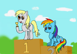 Size: 2912x2059 | Tagged: safe, artist:real-robertson, imported from derpibooru, derpy hooves, rainbow dash, duo, sad, trophy