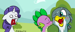 Size: 1116x485 | Tagged: safe, artist:strebiskunk, imported from derpibooru, gabby, rarity, spike, dragon, griffon, pony, unicorn, blank eyes, blushing, cheek kiss, eyes closed, female, floppy ears, kissing, male, mare, monochrome, open mouth, shipping, shocked, shocked expression, signature, spabby, straight, tongue out