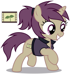 Size: 3223x3383 | Tagged: safe, artist:strategypony, imported from derpibooru, oc, oc only, oc:lavrushka, pony, unicorn, clothes, cutie mark, eyelashes, female, filly, foal, horn, looking down, pony oc, ponytail, purple eyes, purple mane, purple tail, raised hoof, reference sheet, simple background, smiling, solo, tail, toothy grin, transparent background, unicorn oc, vest, white coat