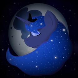 Size: 2000x2000 | Tagged: safe, artist:oldman, imported from derpibooru, princess luna, alicorn, pony, eyes closed, eyeshadow, female, head, horn, makeup, mare, moon, solo, space, stars