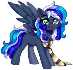 Size: 2325x2233 | Tagged: safe, artist:fluffywhirlpool, imported from derpibooru, oc, oc only, oc:flaming dune, pegasus, pony, chest fluff, clothes, curly mane, cute, eyeshadow, female, full body, gradient eyes, looking at you, makeup, mare, multicolored hair, multicolored tail, open mouth, open smile, pegasus oc, scarf, simple background, smiling, smiling at you, solo, spread wings, striped scarf, tail, white background, wings