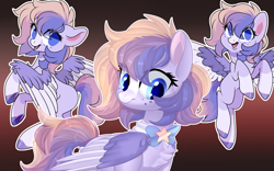 Size: 3200x2000 | Tagged: safe, artist:xvostik, imported from derpibooru, oc, oc only, oc:azure comet, pegasus, pony, blaze (coat marking), bowtie, chest fluff, colored wings, female, folded wings, freckles, mare, multicolored wings, open mouth, socks (coat markings), solo, spread wings, two toned wings, wings