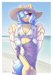 Size: 4960x7016 | Tagged: safe, artist:dandy, imported from derpibooru, oc, oc only, anthro, pegasus, absurd resolution, beach, bedroom eyes, belly button, bikini, blouse, breasts, choker, cleavage, clothes, eyeshadow, female, flower, hair over one eye, hat, jewelry, looking at you, makeup, mare, midriff, necklace, ocean, pegasus oc, sarong, see-through, smiling, solo, sun hat, swimsuit, water, wings