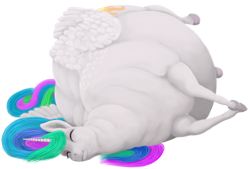 Size: 1400x946 | Tagged: safe, artist:soobel, imported from derpibooru, princess celestia, alicorn, pony, belly, big belly, cake, cakelestia, chubbylestia, eyes closed, fat, female, food, huge belly, lying down, mare, morbidly obese, obese, on side, realistic horse legs, simple background, sleeping, solo, transparent background