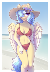 Size: 4960x7016 | Tagged: safe, artist:dandy, imported from derpibooru, oc, oc only, anthro, pegasus, absolute cleavage, absurd resolution, beach, bedroom eyes, belly button, bikini, breasts, choker, cleavage, clothes, eyeshadow, female, flower, hair over one eye, hat, jewelry, looking at you, makeup, mare, necklace, ocean, pegasus oc, red bikini, red swimsuit, smiling, solo, sun hat, swimsuit, underass, water, wings