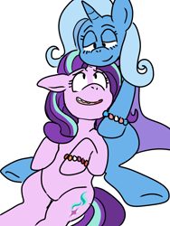 Size: 1200x1600 | Tagged: safe, artist:pachigirlz, imported from derpibooru, starlight glimmer, trixie, pony, unicorn, bracelet, cuddling, duo, duo female, female, floppy ears, happy, horn, jewelry, lesbian, lesbian pride flag, lidded eyes, looking at each other, looking at someone, lying down, mare, on back, open mouth, open smile, pride, pride flag, shipping, simple background, smiling, smiling at each other, startrix, transgender pride flag, white background