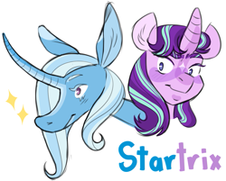 Size: 1109x892 | Tagged: safe, artist:sparjechka, imported from derpibooru, starlight glimmer, trixie, pony, unicorn, curved horn, female, hoers, horn, lesbian, shipping, smiling, startrix