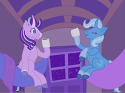 Size: 1280x954 | Tagged: safe, artist:madnesskishinasura, imported from derpibooru, starlight glimmer, trixie, pony, unicorn, cloven hooves, coat markings, curved horn, drink, eyes closed, female, hammock, horn, lesbian, shipping, smiling, socks (coat markings), startrix, trixie's wagon, wagon