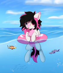 Size: 1719x2000 | Tagged: safe, artist:verlista, imported from derpibooru, oc, oc only, oc:lunylin, fish, pegasus, pony, chest fluff, cloud, colored belly, dark belly, ear fluff, gift art, heterochromia, inner tube, ocean, pegasus oc, sky, solo, water