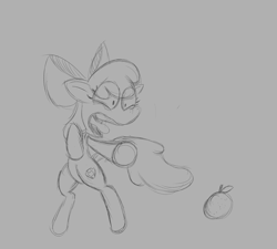 Size: 2000x1800 | Tagged: safe, artist:starscatterart, imported from derpibooru, apple bloom, earth pony, pony, atg 2022, bipedal, female, filly, foal, food, newbie artist training grounds, orange, scared, sketch, solo