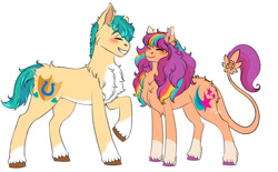 Size: 1280x792 | Tagged: safe, artist:malinraf1615, imported from derpibooru, hitch trailblazer, sunny starscout, earth pony, pony, alternate design, alternate hairstyle, blaze (coat marking), blushing, chest fluff, coat markings, cute, duo, eyes closed, facial markings, female, fluffy, g5, grin, happy, hitchbetes, leonine tail, male, mare, markings, multicolored hair, rainbow hair, raised hoof, redesign, shipping, simple background, smiling, socks (coat markings), stallion, straight, sunnybetes, sunnyhitch, tail, unshorn fetlocks, white background