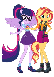 Size: 3250x4620 | Tagged: safe, artist:gmaplay, imported from derpibooru, sci-twi, sunset shimmer, twilight sparkle, human, equestria girls, equestria girls series, clothes, glasses, high res, ponied up, simple background, skirt, transparent background, wings