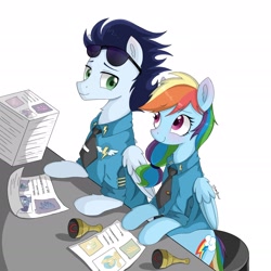 Size: 2176x2176 | Tagged: safe, artist:zhangwenwen, imported from derpibooru, rainbow dash, soarin', pegasus, pony, blushing, clothes, desk, duo, female, looking at each other, looking at someone, male, necktie, shipping, simple background, sitting, smiling, soarindash, straight, sunglasses, uniform, white background, wonderbolts, wonderbolts dress uniform