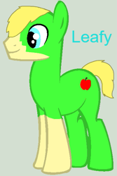 Size: 395x593 | Tagged: safe, editor:wonderwolf51, imported from derpibooru, oc, oc only, oc:leafy, earth pony, pony, coat markings, earth pony oc, facial markings, full body, gray background, green pony, hooves, male, short tail, simple background, smiling, socks (coat markings), solo, stallion, standing, tail, text