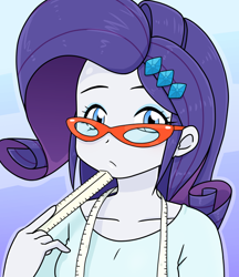 Size: 640x740 | Tagged: safe, artist:batipin, imported from derpibooru, rarity, human, equestria girls, female, glasses, looking at you, measuring tape, rarity's glasses, ruler, solo