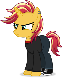 Size: 3683x4563 | Tagged: safe, artist:anime-equestria, imported from derpibooru, sunset shimmer, unicorn, equestria girls, alternate hairstyle, annoyed, clothes, ear piercing, female, horn, jewelry, mare, necklace, piercing, shoes, simple background, solo, transparent background, vector