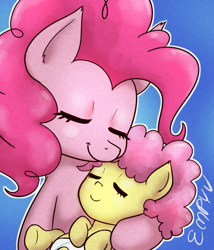 Size: 1029x1200 | Tagged: safe, artist:empyu, imported from derpibooru, li'l cheese, pinkie pie, earth pony, pony, the last problem, 45 minute art challenge, baby, baby pony, colt, cute, diaper, diapinkes, duo, eyes closed, female, foal, happy, holding, li'l cuteese, male, mare, mother and child, mother and son, smiling