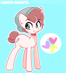 Size: 2420x2682 | Tagged: safe, artist:kindakismet, imported from derpibooru, oc, oc:linked heart, earth pony, pony, beanie, blue background, cutie mark, hat, looking at you, male, outline, simple background, solo