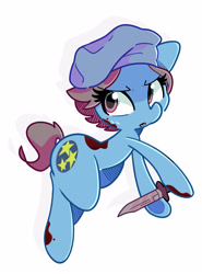 Size: 1523x2060 | Tagged: safe, artist:kindakismet, imported from derpibooru, earth pony, pony, blood, crossover, female, hat, hoof hold, jill valentine, knife, looking at you, mare, ponified, resident evil, simple background, solo, video game, white background