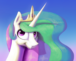 Size: 1060x861 | Tagged: safe, artist:suhar, imported from derpibooru, princess celestia, alicorn, pony, bust, crown, female, gradient background, horn, jewelry, mare, multicolored mane, regalia, smiling, solo