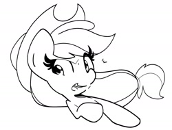 Size: 1890x1440 | Tagged: safe, artist:kindakismet, imported from derpibooru, applejack, earth pony, pony, applejack's hat, black and white, bust, cowboy hat, female, grayscale, hat, looking at you, mare, monochrome, open mouth, simple background, solo, white background