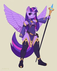 Size: 1600x2000 | Tagged: safe, artist:asimos, imported from derpibooru, twilight sparkle, alicorn, anthro, plantigrade anthro, boots, breasts, clothes, detached sleeves, fantasy class, female, shoes, simple background, solo, sorcerer, spread wings, staff, thigh boots, twilight sparkle (alicorn), warrior, warrior twilight sparkle, wings, yellow background