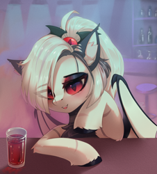 Size: 2395x2650 | Tagged: safe, artist:anku, imported from derpibooru, oc, oc only, oc:nightlight snow, bat pony, pony, bat wings, drink, ear fluff, eye clipping through hair, eyeshadow, female, looking at you, makeup, mare, pony oc, solo, table, wings