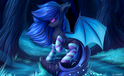 Size: 4500x2748 | Tagged: safe, artist:neonishe, imported from derpibooru, oc, oc only, oc:ebony rose, bat pony, pony, bat pony oc, clothes, commission, commissioner:wolfgangrd, complex background, cute, fangs, flower, forest, high res, looking at you, socks, solo, spread wings, stockings, striped socks, thigh highs, tree stump, wings