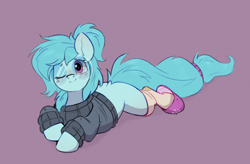 Size: 1138x746 | Tagged: safe, artist:rexyseven, imported from derpibooru, oc, oc only, oc:whispy slippers, earth pony, pony, clothes, colored sketch, earth pony oc, female, glasses, looking at you, lying down, mare, missing cutie mark, one eye closed, prone, purple background, simple background, sketch, slippers, socks, solo, sweater