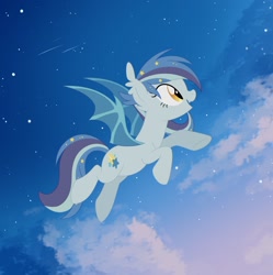 Size: 1640x1645 | Tagged: safe, artist:owlity, imported from derpibooru, oc, oc only, oc:star struck, bat pony, pony, bat pony oc, female, flying, night, night sky, open mouth, open smile, sky, smiling, solo, spread wings, stars, wings