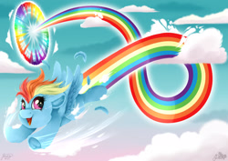 Size: 1920x1358 | Tagged: safe, artist:julunis14, imported from derpibooru, rainbow dash, pegasus, pony, sonic rainboom (episode), cloud, crying, cute, cutie mark, cutiespark, ear fluff, female, filly, filly rainbow dash, flying, foal, hoof fluff, open mouth, open smile, rainbow trail, sky, smiling, solo, sonic rainboom, tears of joy, younger