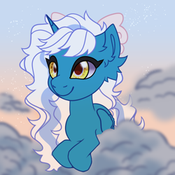 Size: 2120x2120 | Tagged: safe, artist:spotenyx, imported from derpibooru, oc, oc:fleurbelle, alicorn, pony, alicorn oc, bow, cloud, female, hair bow, horn, mare, on a cloud, sitting, sitting on a cloud, sky, smiling, solo, stars, wings, yellow eyes