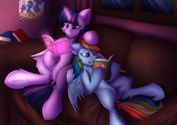 Size: 4961x3508 | Tagged: safe, artist:flapstune, imported from derpibooru, rainbow dash, twilight sparkle, alicorn, pegasus, pony, book, couch, duo, duo female, female, frog (hoof), glowing, glowing horn, horn, lesbian, magic, mare, poster, reading, shipping, signature, sitting, tongue out, twidash, twilight sparkle (alicorn), underhoof, window, wings